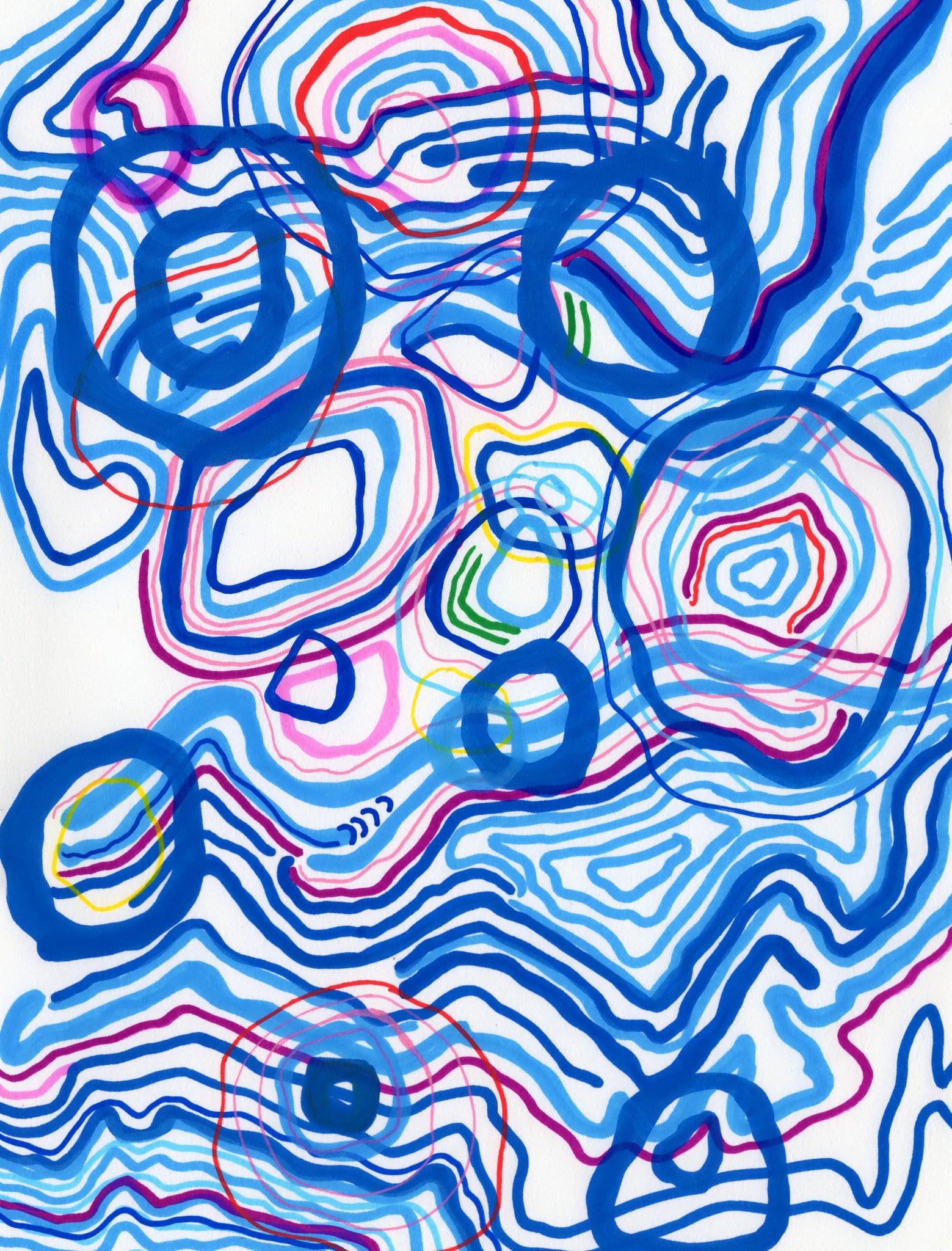 Blue abstract drawing with organic lines and forms. 